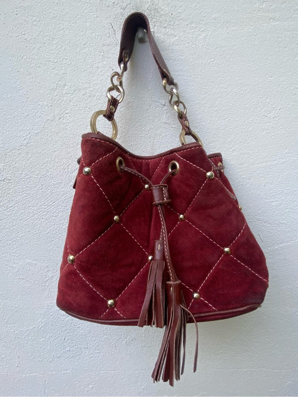 Y2K EURO Italian Genuine Suede Burgundy Gold Studded Small Bucket Bag
